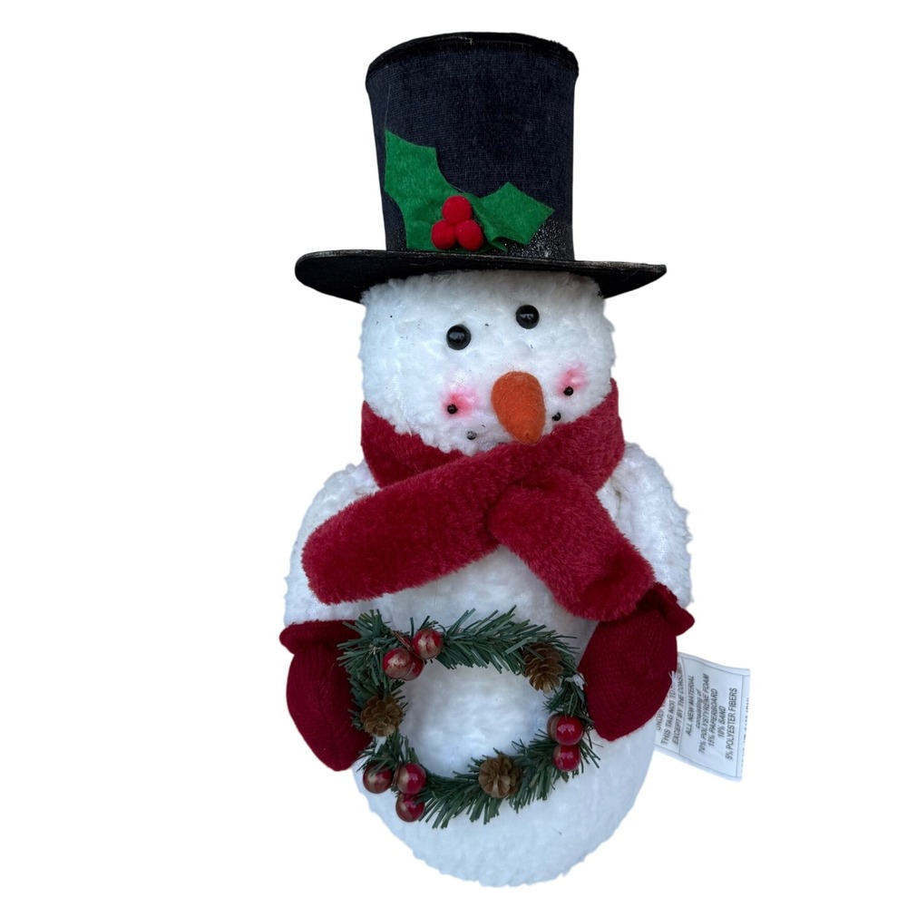 Christmas Snowman Figurine 16 Inch Holiday Decor Wreath Top Hat Red Scarf